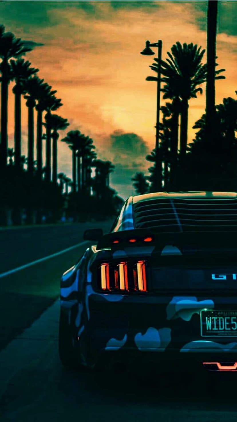 Ford Mustang GT in camouflage wrap drives past palm trees during a vibrant sunset with glowing red taillights.