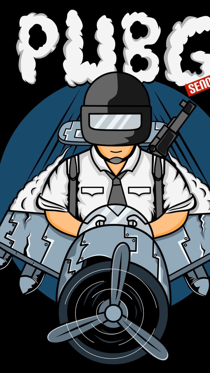 PUBG pilot in a flight helmet sits inside a cockpit with a large blue propeller and stylized game logo behind him.
