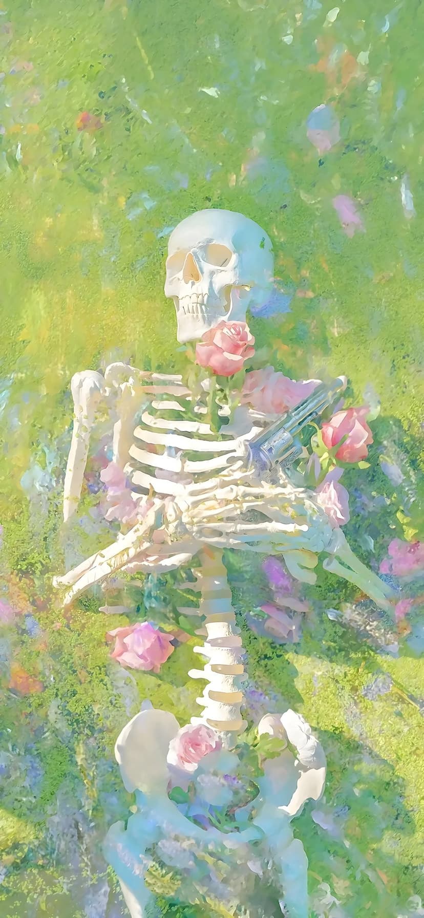 Human skeleton resting among pink roses with a small handgun on its ribcage in a lush, green garden.