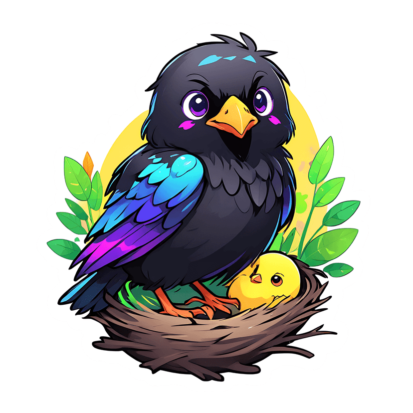 Black bird sticker with iridescent wings protecting a yellow chick in a brown nest with green leaf accents.