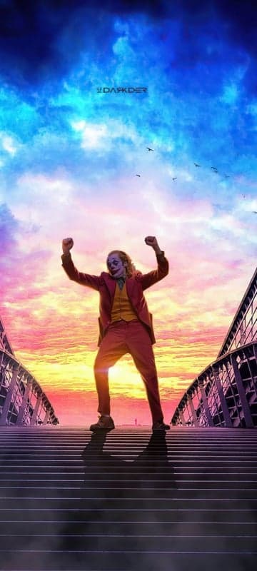 Joker dancing on stairs at sunset, cinematic art