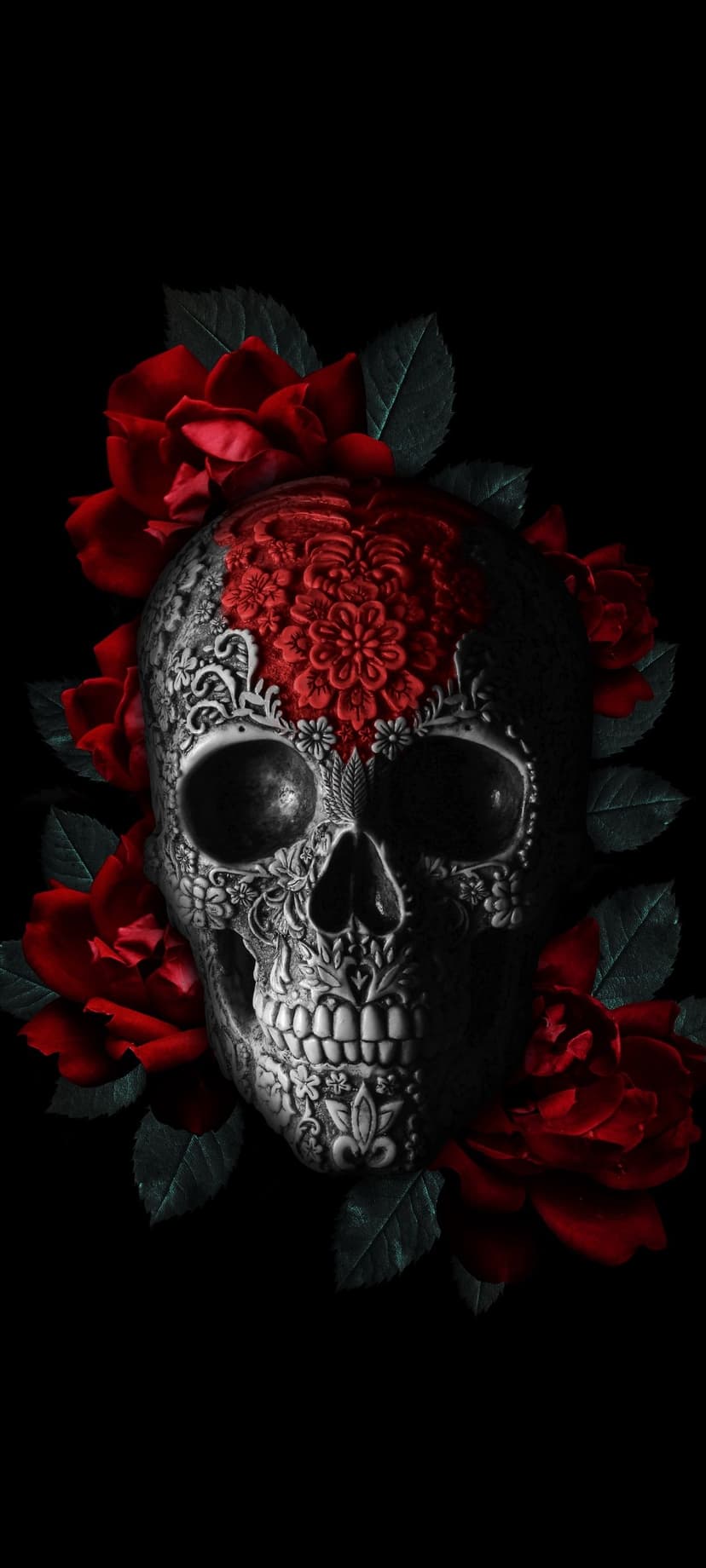Sugar skull with intricate floral carvings surrounded by deep red roses and green leaves on a black backdrop.
