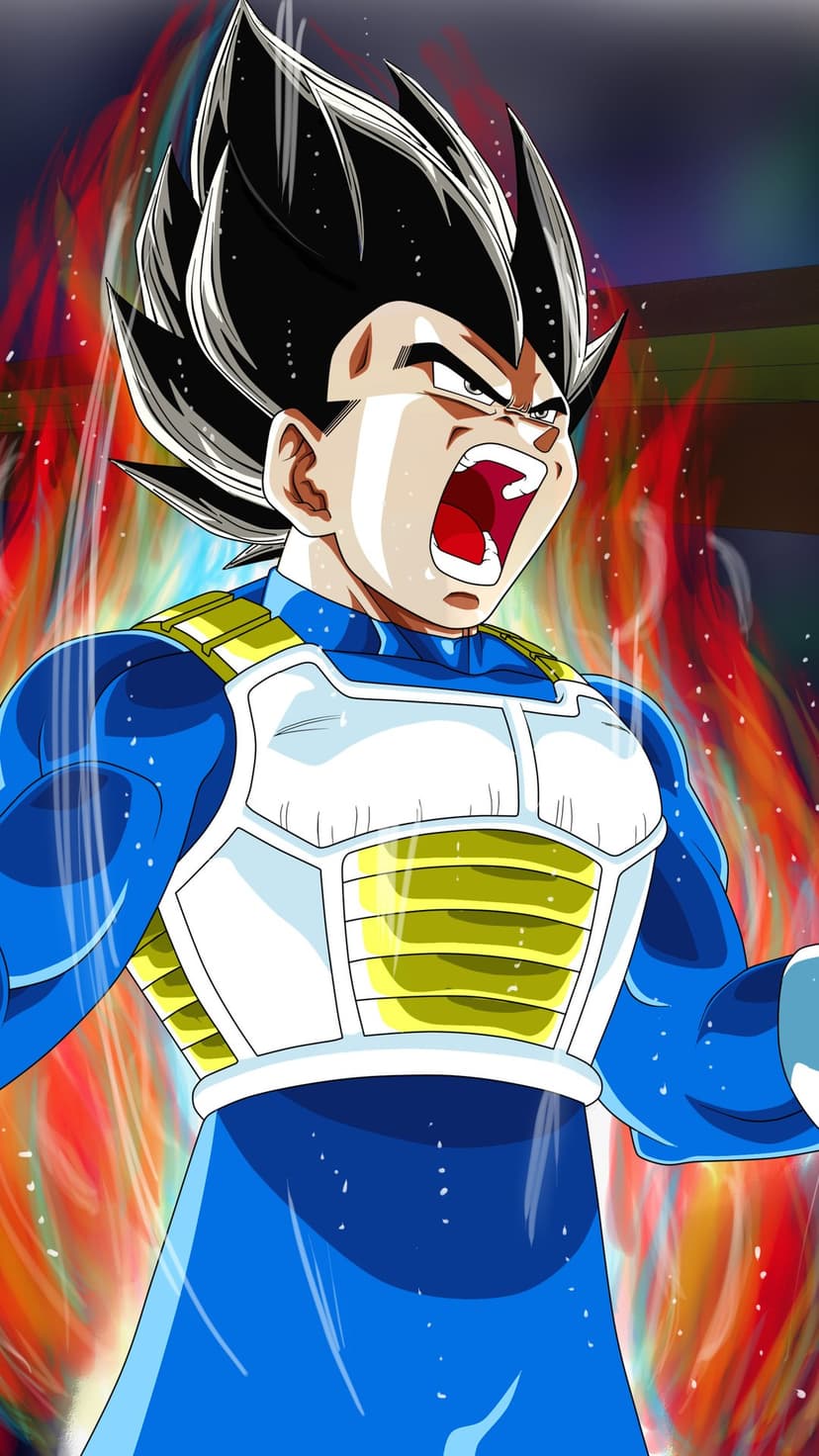 Vegeta stands with spiked hair and glowing eyes surrounded by swirling orange energy flames and a dark background.