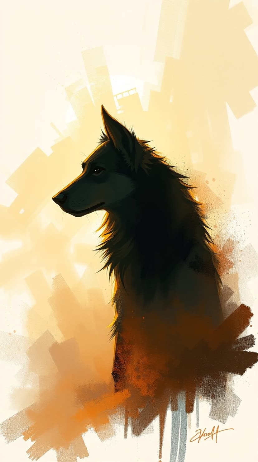 A dark wolf in profile stands before a glowing amber cityscape with geometric buildings and sharp textures.