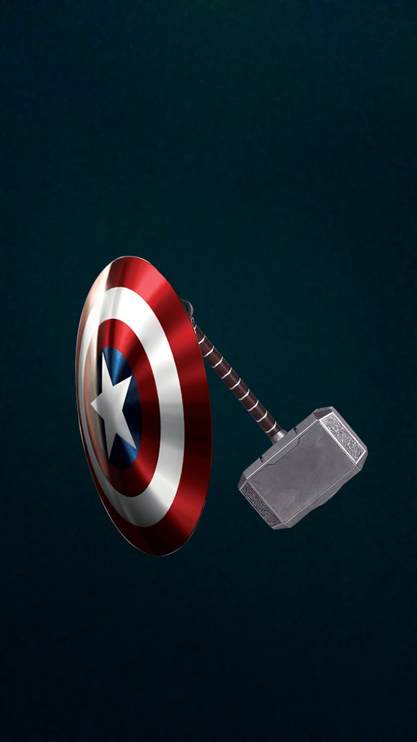 Captain America’s circular shield and Thor’s Mjolnir hammer suspended against a dark teal, textured background.