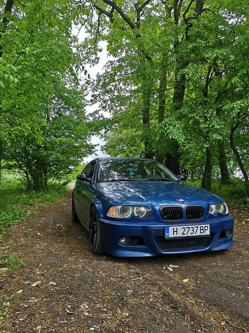 Blue BMW E46 sedan parked on a dirt path in a lush forest with dappled sunlight hitting the car.