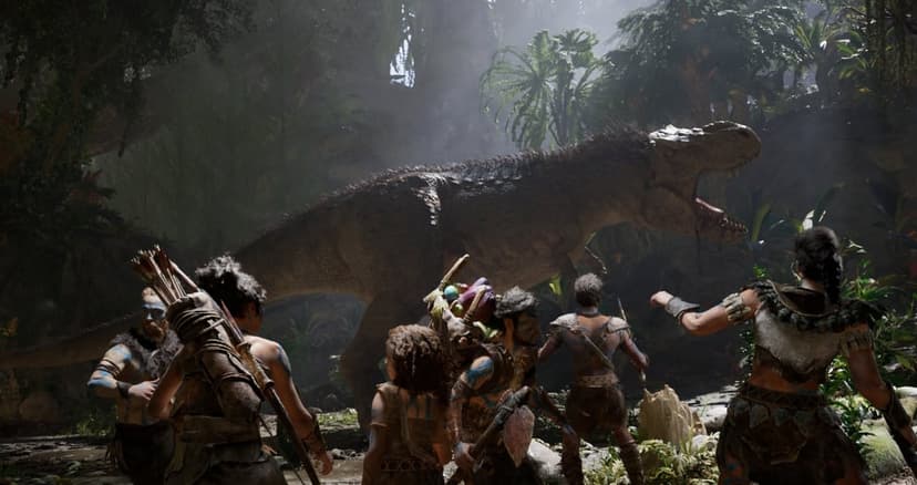 Tribal warriors with blue body paint face a roaring feathered T-Rex in a misty, sunlit prehistoric jungle.
