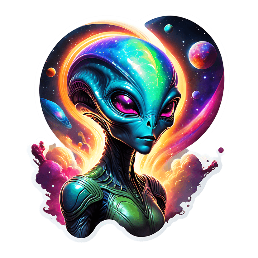 Teal alien sticker with magenta eyes is framed by a heart shape against a cosmic backdrop of planets and rings.
