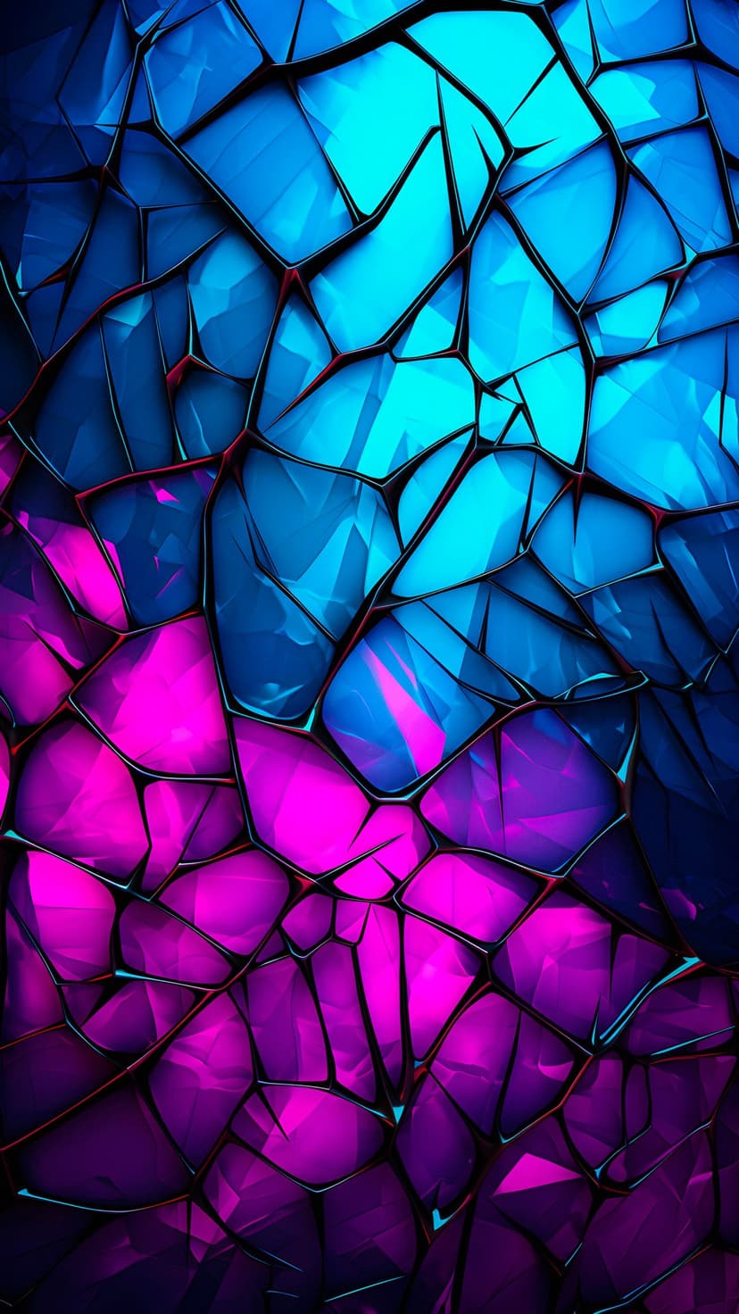Crystalline teal and fuchsia geometric shards form a fractured mosaic pattern with dark defined outlines.
