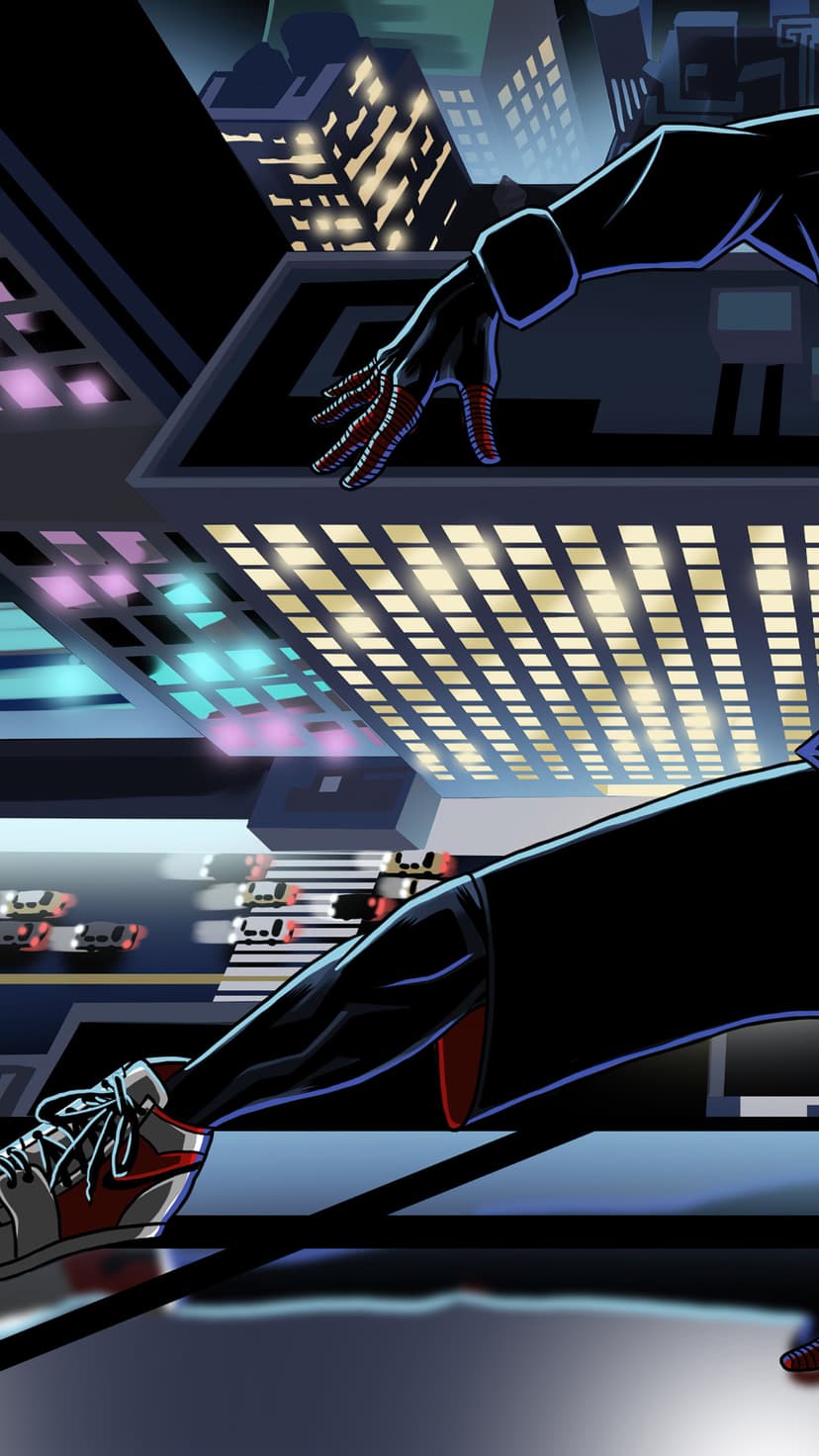 Spider-Man in a black suit leaps over a glowing neon city at night with towering skyscrapers below.