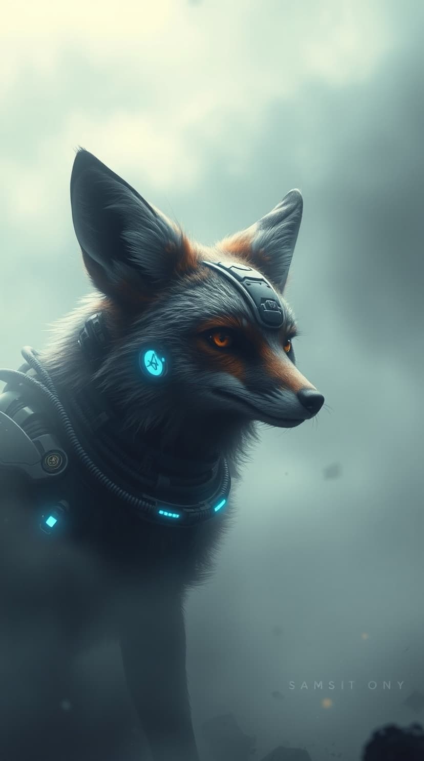 Cybernetic fox with glowing blue circuits and orange eyes stares through a dense layer of grey atmospheric fog.