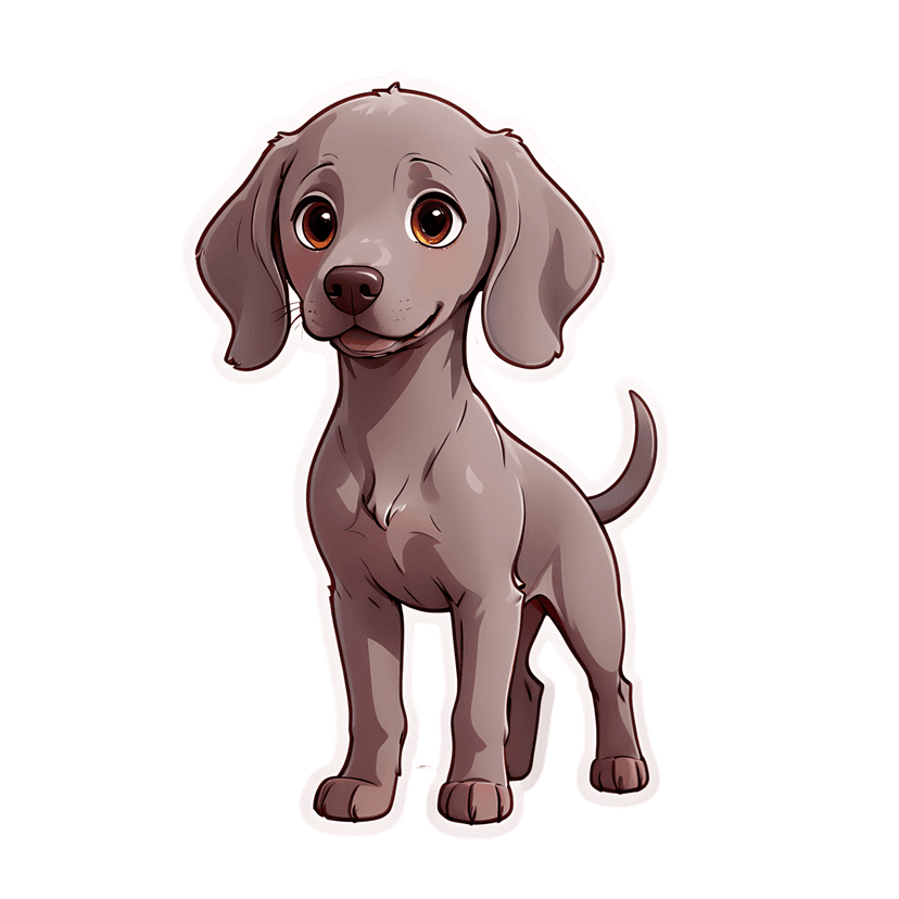 Taupe puppy sticker with amber eyes and floppy ears stands forward-facing featuring a clean white border.