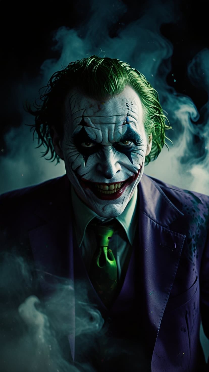 Joker in a purple suit with lime green hair grins through blue haze wearing chaotic white and black face makeup.
