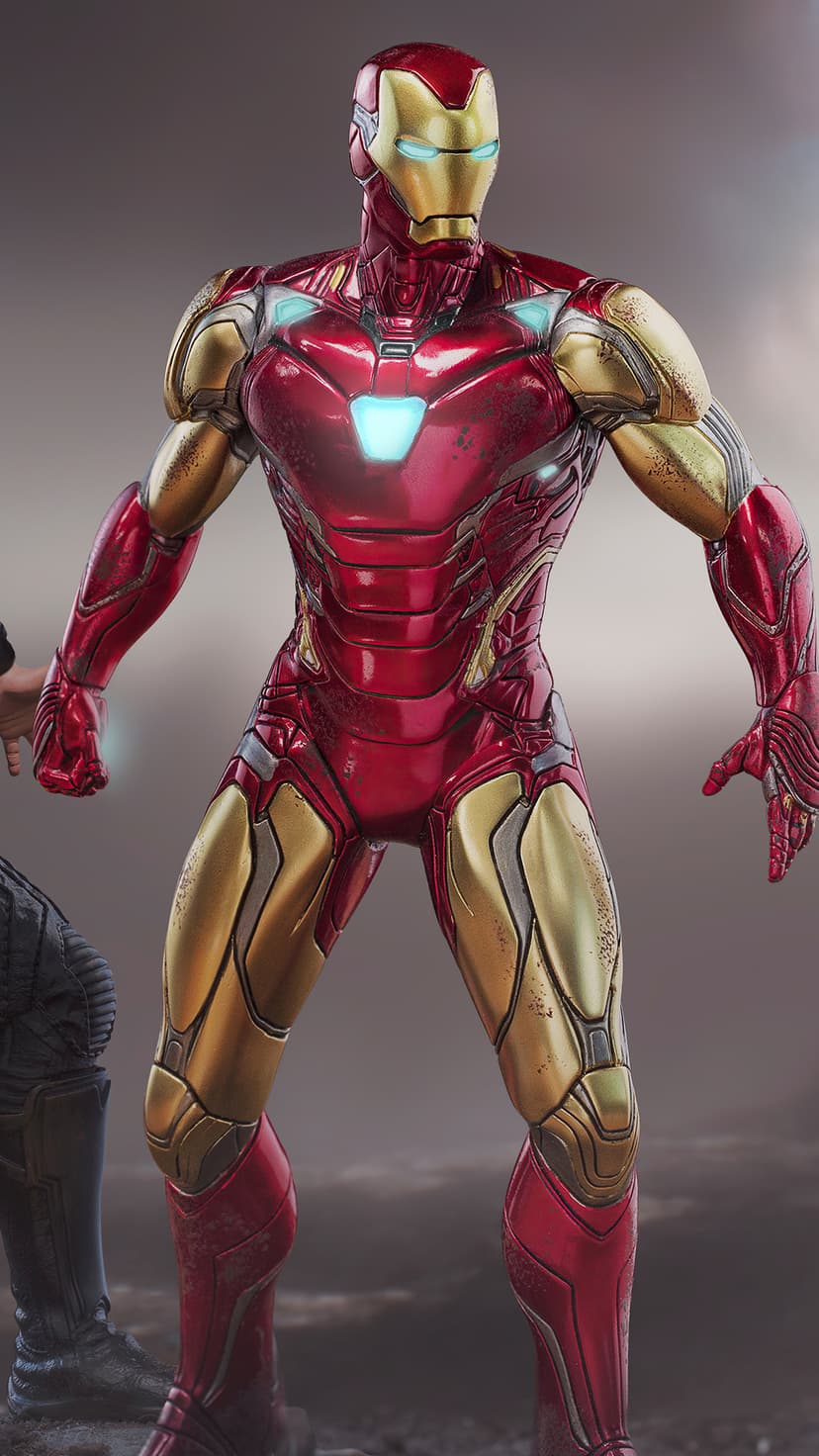Iron Man stands in crimson and gold Mark 85 nano-tech armor with glowing blue chest and palm repulsors.