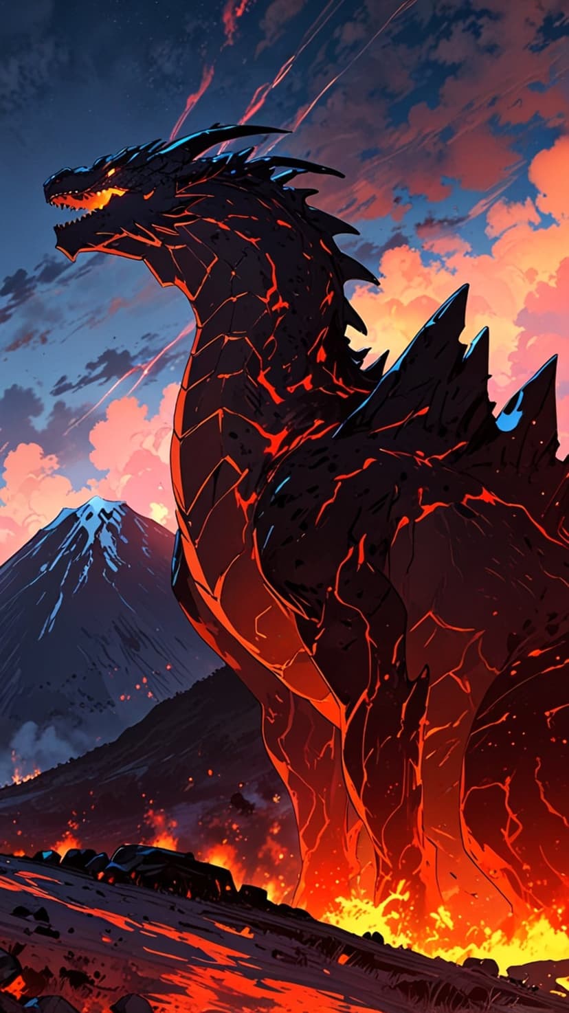 Black dragon with glowing orange veins stands on volcanic rocks before a smoking volcano under a red sunset.