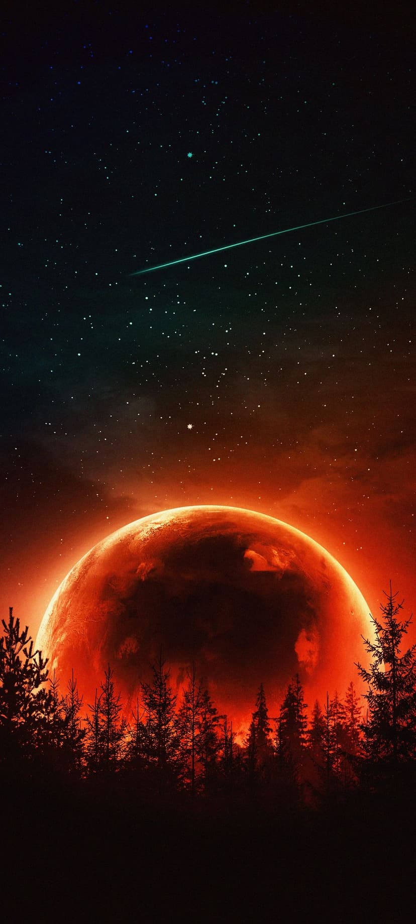 Giant fiery moon rising over black pine tree silhouettes with a green shooting star streak across a starry sky.