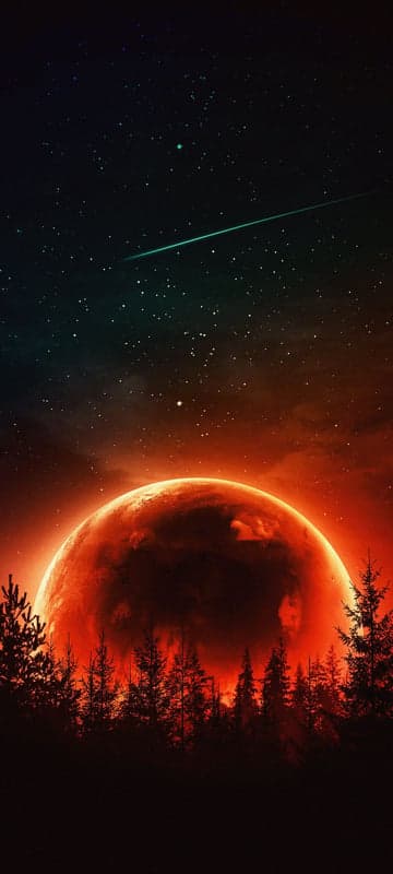 Fiery Moon Over Dark Forest with Meteor Shower