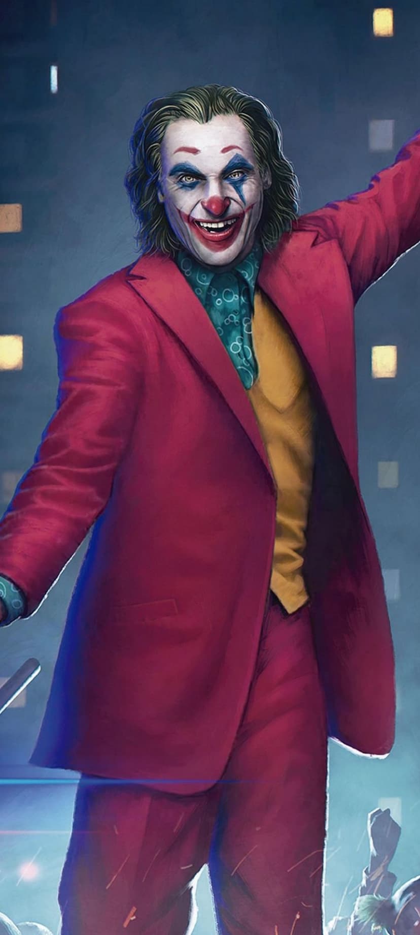 Arthur Fleck as the Joker wears white face paint and a red suit against a blurred night city skyline backdrop.