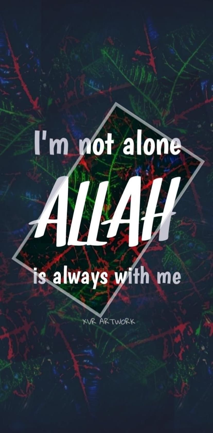 Allah text within a diamond frame surrounded by vibrant red and blue streaks on a dark mobile screen background.
