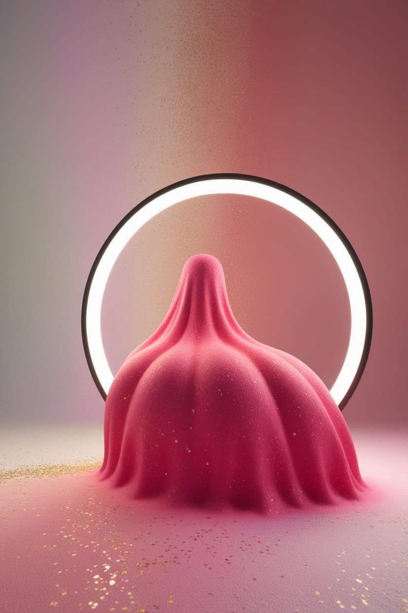 Pink draped sculpture illuminated by a white ring light with golden glitter on the floor and surfaces.