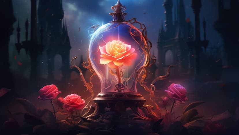 Luminous pink rose in a glass dome surrounded by flowers with a dark silhouette of a castle in the background.