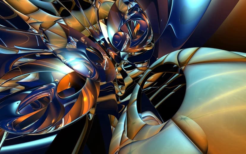 Interlocking 3D fractal swirls with polished metallic surfaces in vibrant shades of blue, orange, and gold.