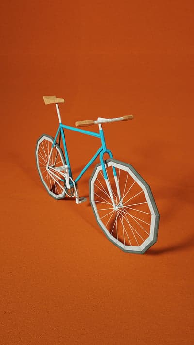 Low-poly bicycle on orange background, 3D render