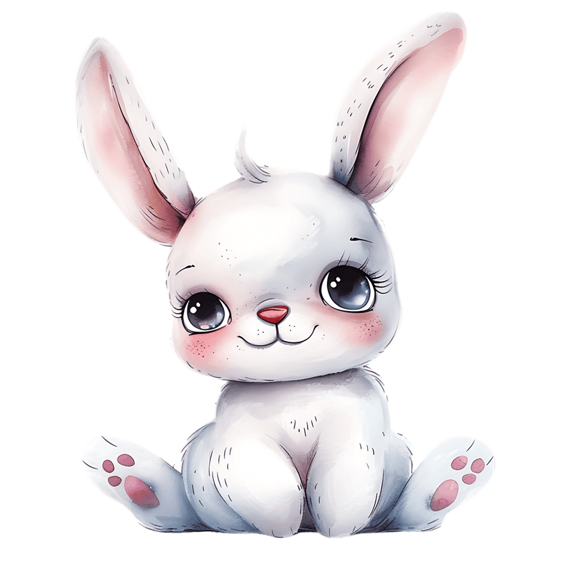 White bunny rabbit watercolor illustration sits frontally showing blue eyes, pink nose, and soft fur textures.