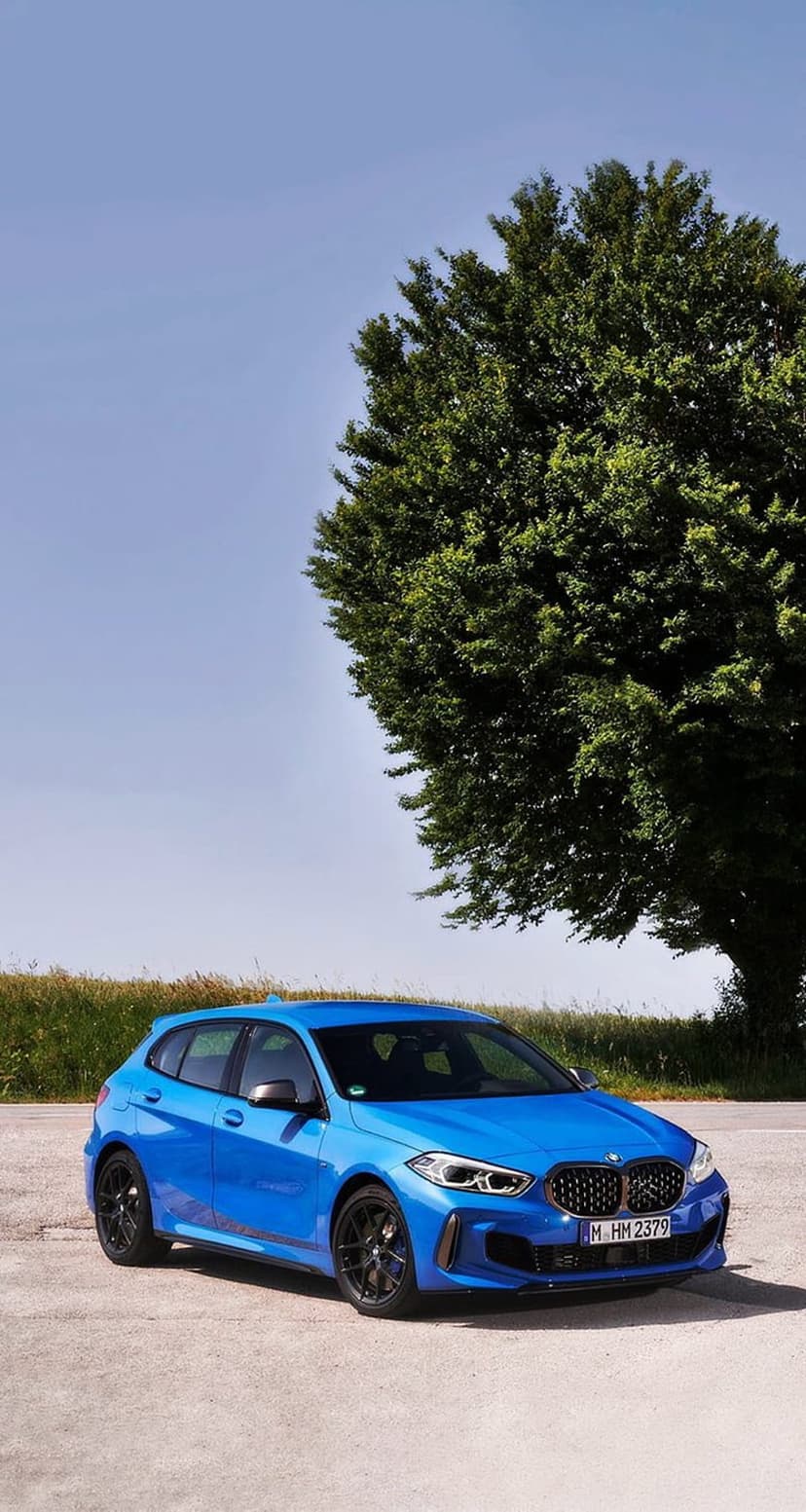 Blue BMW 1 Series hatchback parked on pavement under a large green tree with a clear sky in the distance.