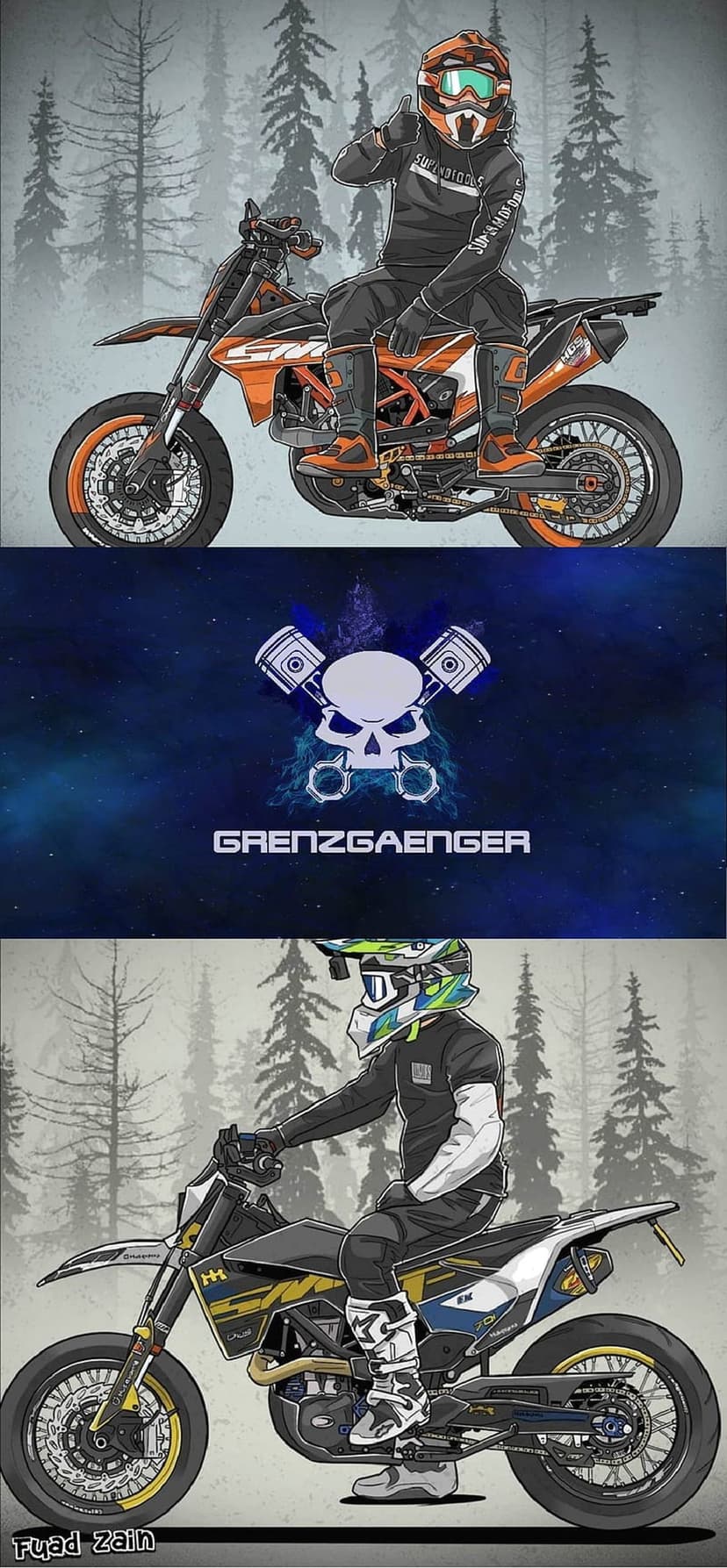 Dirt bike riders in a forest frame a central cosmic skull with crossed pistons and Grenzgaenger branding.