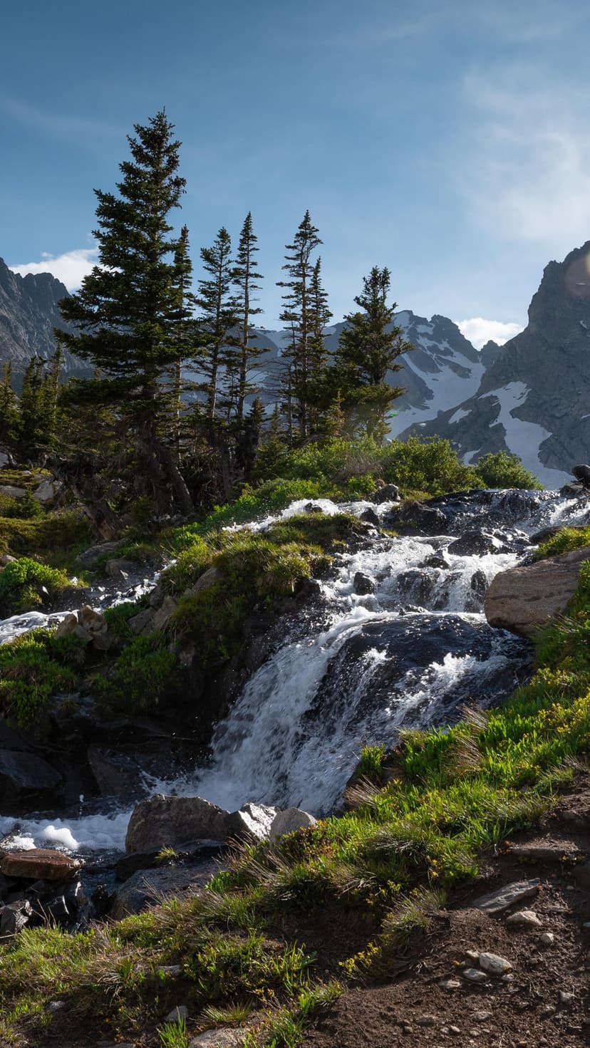 Tiered waterfall cascading over rocks in a pine forest with snow-capped mountain peaks under a bright blue sky.