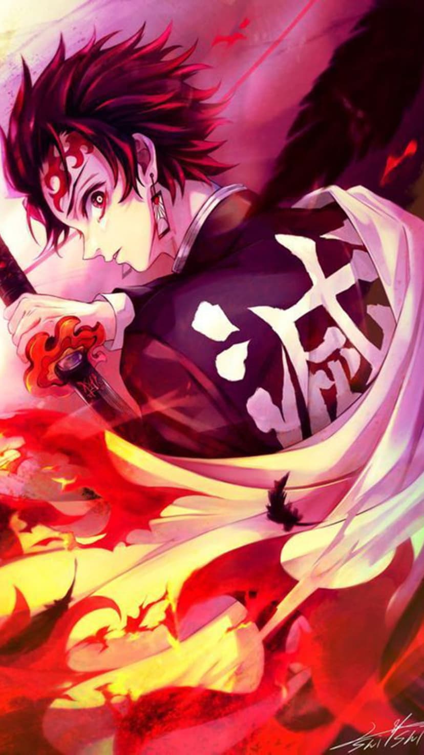 Tanjiro Kamado swings a flaming sword amidst swirling red embers and orange fire against a dark background.
