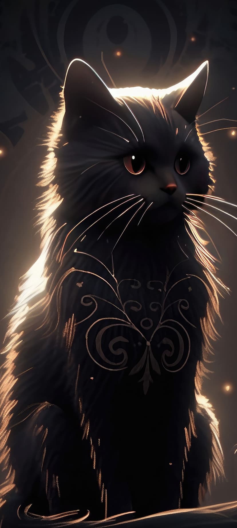 Black cat with orange eyes and golden filigree on its fur sits amidst glowing particles in a dark environment.