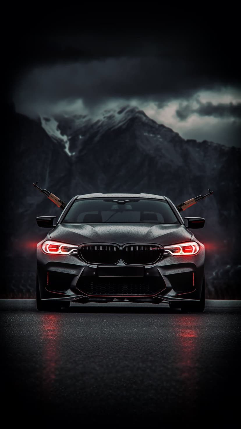 BMW M5 with red glowing headlights and rifles in the windshield parked on a wet road against cloudy mountains.