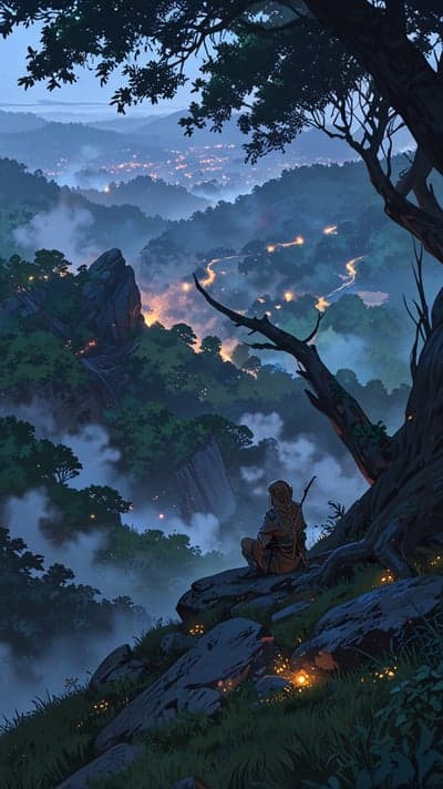 Lone wanderer gazes over misty valley city at dusk