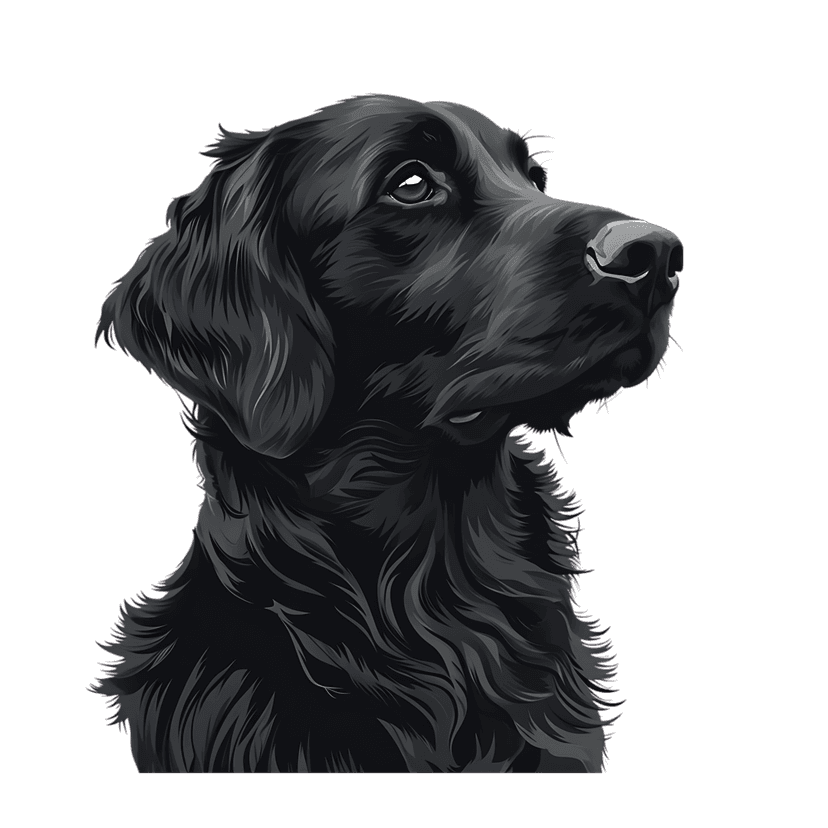 Realistic black dog portrait showcases glossy fur and brown eyes in profile against a dark background.