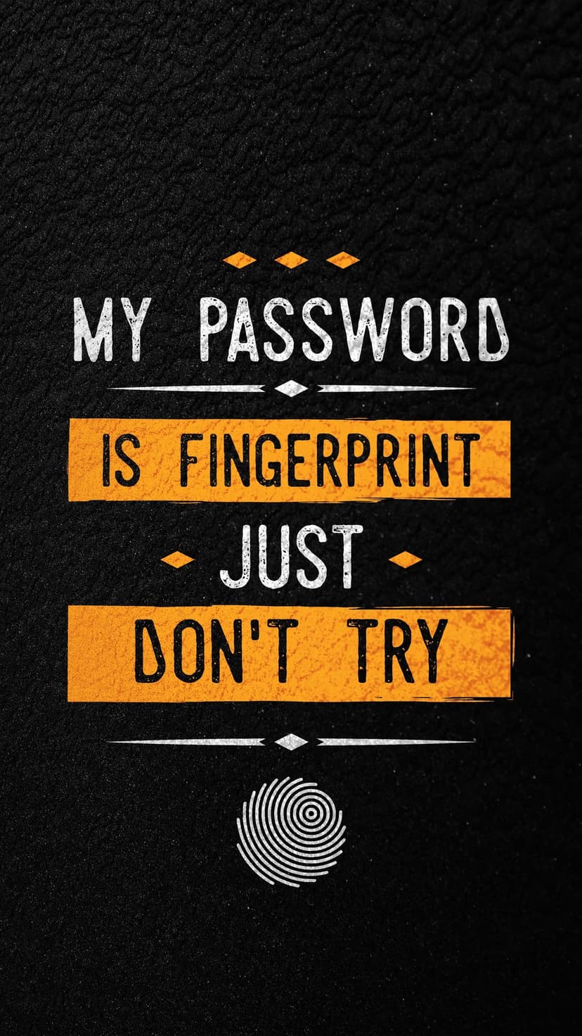 Fingerprint graphic sits below white security text and orange accents on a dark textured mobile background.