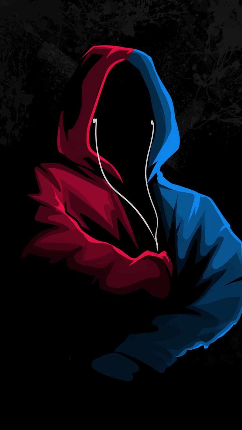Faceless person in a red and blue split hoodie with white earbuds hanging against a dark textured background.