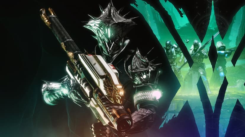 Spiked silver armor Guardian holding a gold Gjallarhorn rocket launcher against a glowing emerald green background.