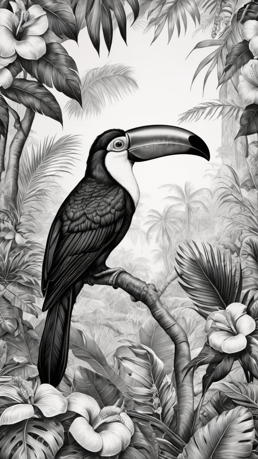 Toucan with a large beak perches on a branch surrounded by textured tropical leaves and blooming hibiscus flowers.