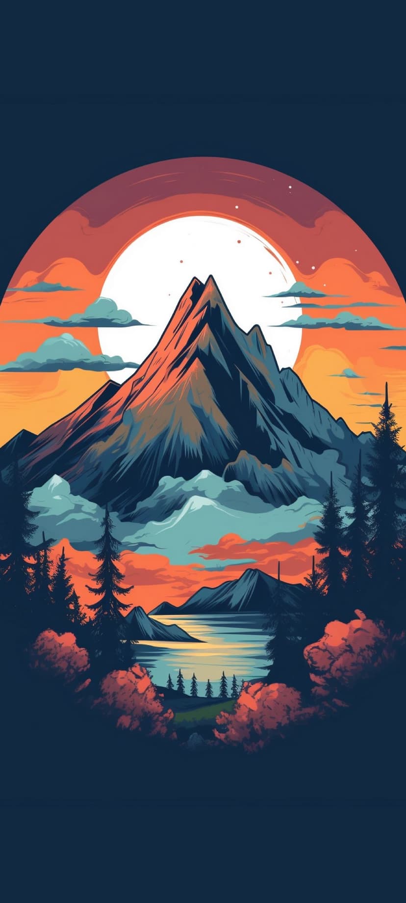 Majestic mountain peak glowing under an orange sunset sky with a reflective lake and silhouetted pine forests.
