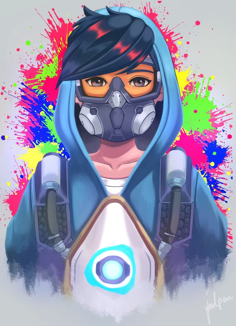 D.Va wearing a blue hoodie and gas mask stands before pink and yellow neon paint splatters with a glowing blue core.