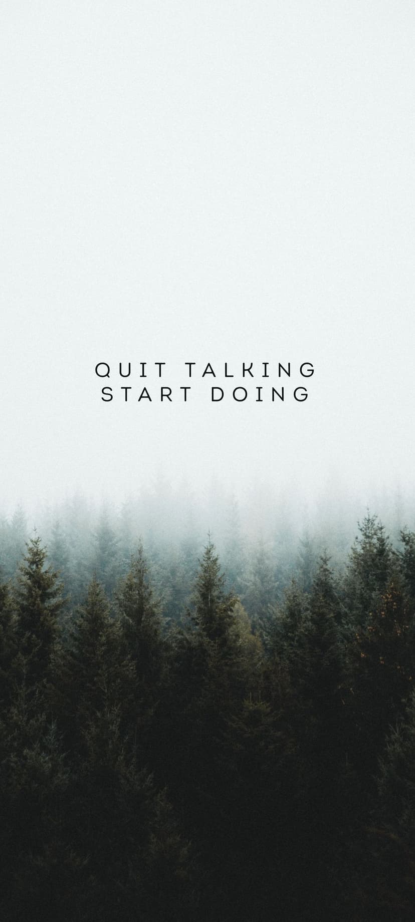 White typography reading Quit Talking Start Doing over a vertical dark green misty pine forest landscape.