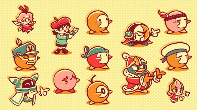 Stylized Kirby characters in finger-gun poses over a yellow polka-dot background for landscape screens.