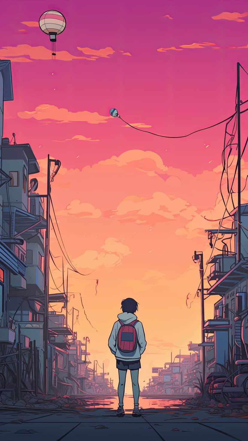 Anime girl with a red backpack stands in a city street watching hot air balloons float in a pink sunset sky.