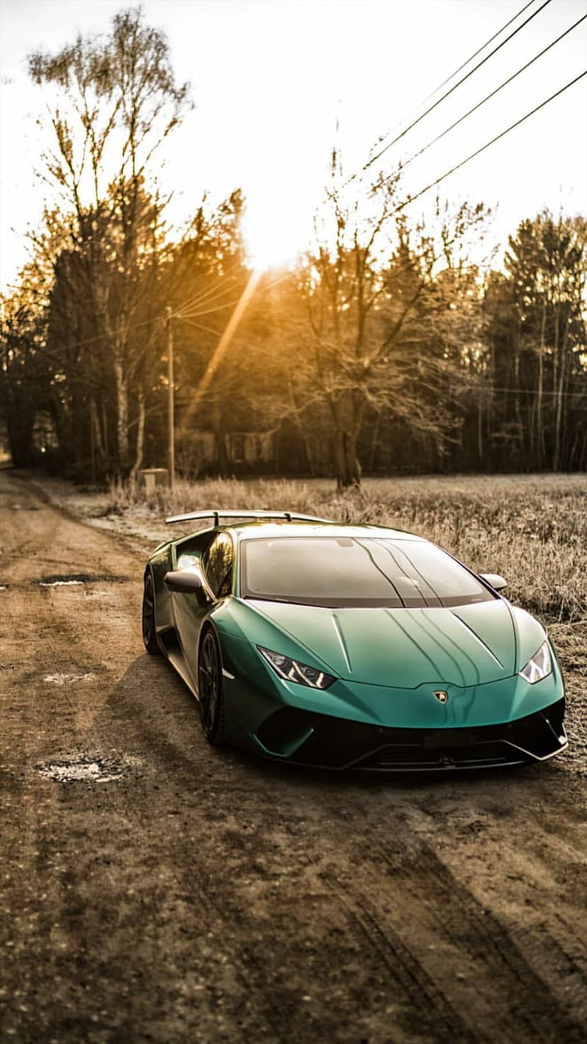 Green Lamborghini sports car parked on a dirt road between bare trees under a glowing orange sunset sky.