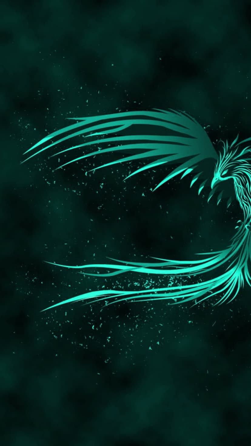 Teal phoenix with radiant glowing wings and shimmering particles rises against a dark, misty background atmosphere.