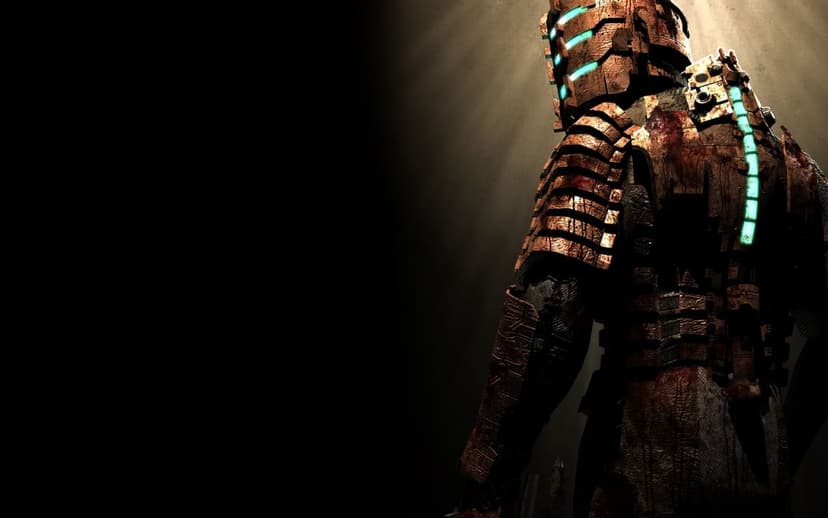 Isaac Clarke in metallic engineer armor with glowing cyan health bar standing in dark cinematic lighting.