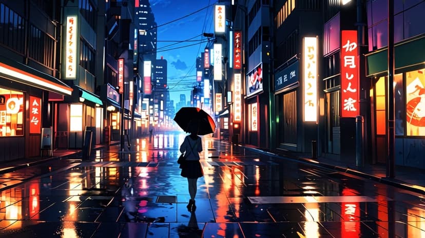 Lone person with an umbrella walks down a narrow wet alleyway lit by glowing pink and blue neon signs at night.