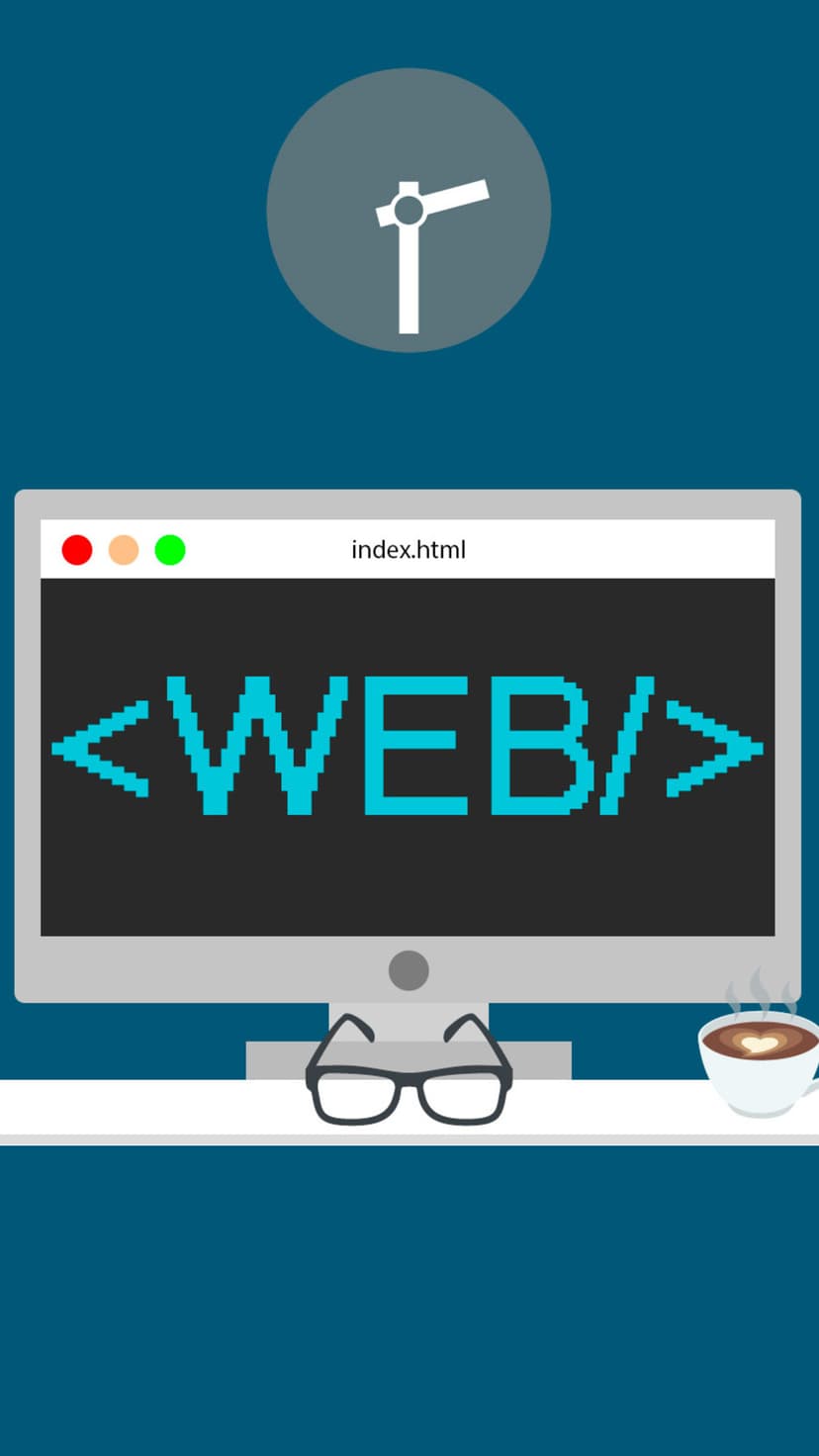 Pixelated web text on a monitor sits next to glasses and a steaming coffee cup on a desk with a wall clock.